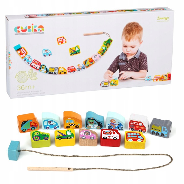 Cubika Drewniane korale klocki do nawlekania Nawlekanka Pojazdy