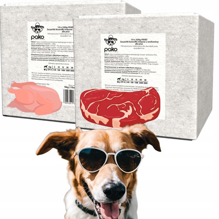 MOKRA KARMA DLA PSA PAKO SASZETKA KAWAŁKI MIĘSNE MIX SMAKÓW 20 X 500G 10 KG