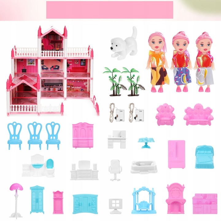 DUŻY ZESTAW MEBLI DO DOMKU DLA LALEK 3 PIĘTRA 9 POKOI z oświetleniem LED