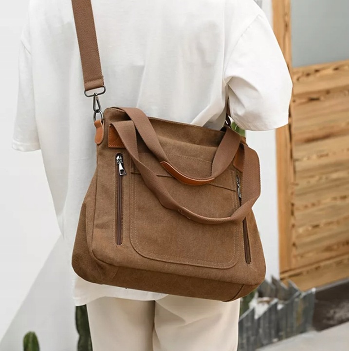 TORBA TOREBKA DAMSKA NA RAMIĘ POJEMNA MOCNA LISTONOSZKA PŁÓCIENNA BRĄZOWA