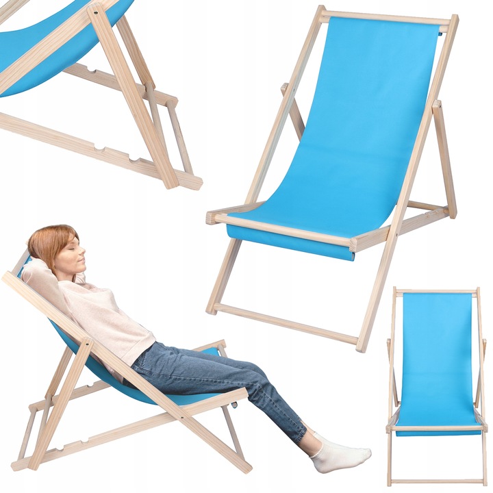 LEŻAK PLAŻOWY OGRODOWY KEMPINGOWY SKŁADANY DREWNIANY FEZ NIEBIESKI