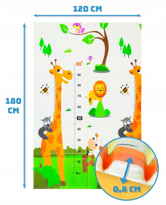 DWUSTRONNA MATA PIANKOWA SKŁADANA DLA DZIECI 180X120 UROCZE ŻYRAFY MIARKA