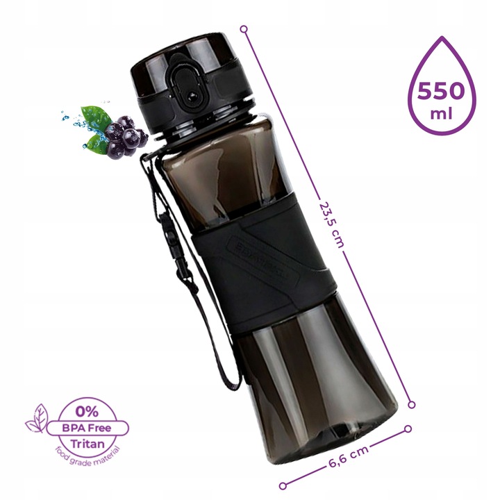 BUTELKA SHAKER DO BIAŁKA, DO ODŻYWEK 550ML BIDON NA WODĘ Z TRITANU CZARNY