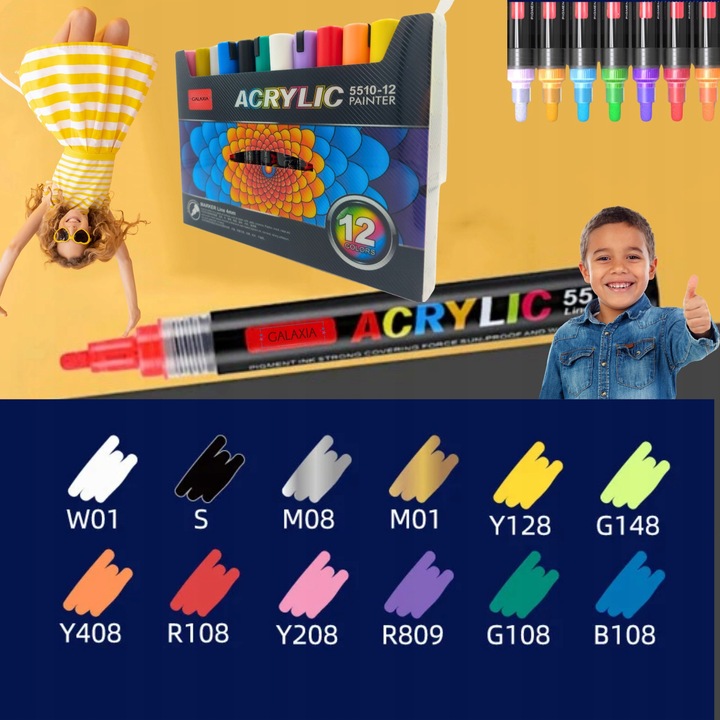 MARKERY AKRYLOWE ZESTAW 12 SZT Pisaki Flamastry Mazaki WODOODPORNE Z FARBĄ