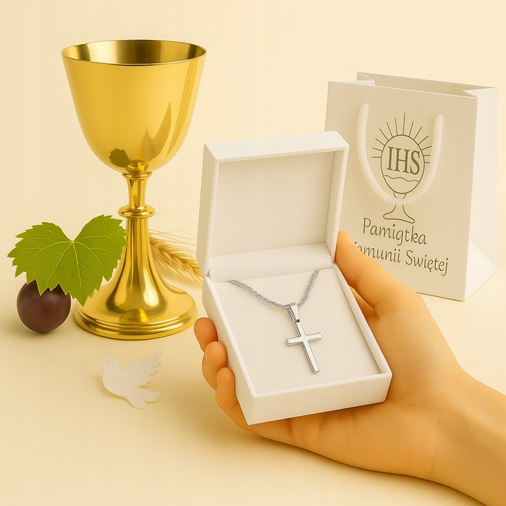 SREBRNY ŁAŃCUSZEK NA KOMUNIE Z MEDALIKIEM PR 925 GRAWER GRATIS KOMUNIJNY