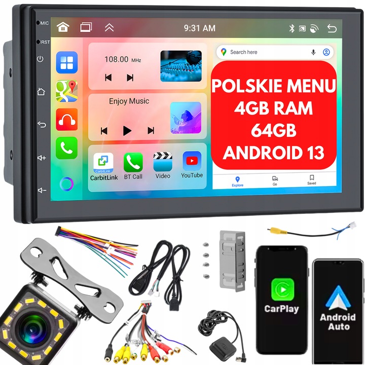 RADIO SAMOCHODOWE 2 DIN 4GB/64GB ANDROID AUTO CARPLAY ANDROID 13 RDS DSP 7"