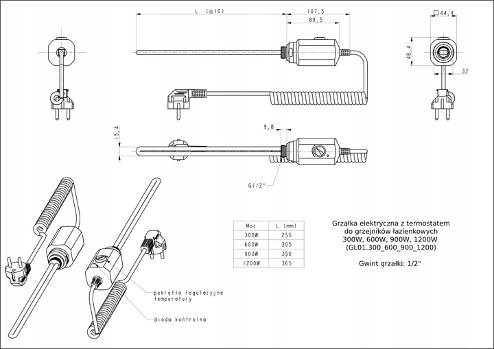 Grzałka elektryczna do grzejnika łazienkowego 600W BIAŁA
