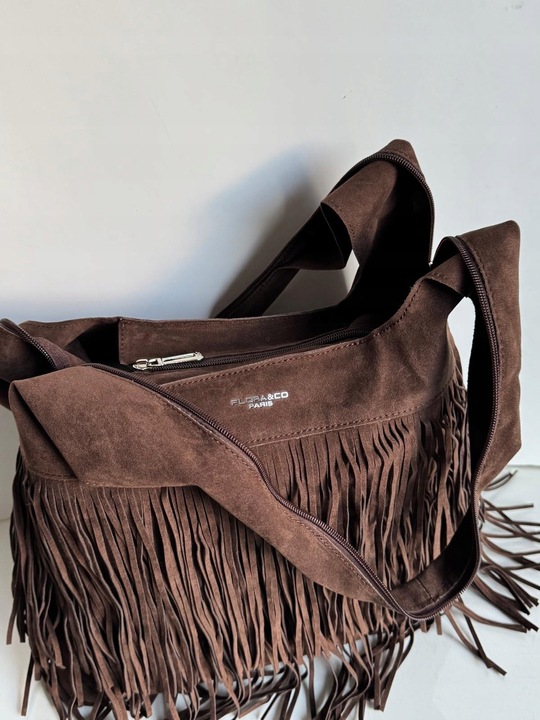 Torba Flora&Co torebka frędzle worek zamsz zamszowa eco brązowa czekoladowy