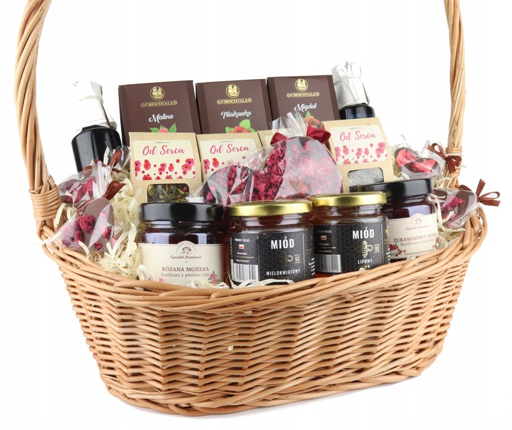 KOSZ PREZENTOWY DUŻY WIKLINOWY ZESTAW HERBAT SŁODYCZE SYROPY NA URODZINY