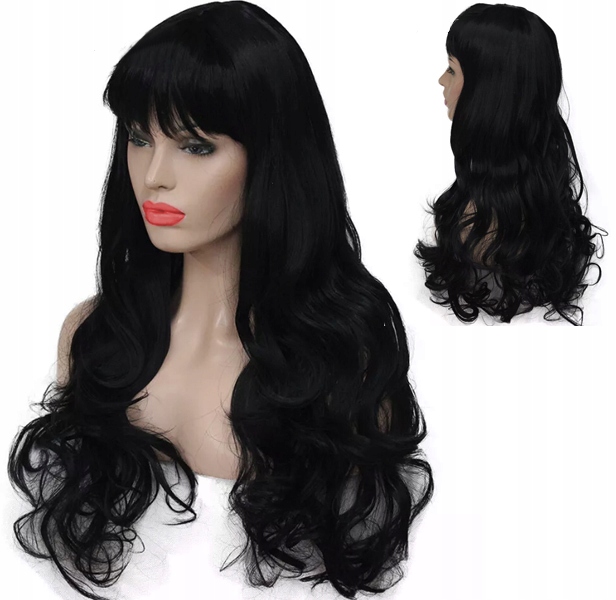 PERUKA DAMSKA WŁOSY DŁUGIE CZARNE FALE SZTUCZNE SYNTETYCZNE 65 CM Z GRZYWKĄ