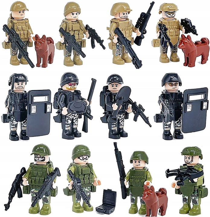 FIGURKI 8057 +BRONIE +TARCZE +PSY wojsko policja klocki ludziki broń pies