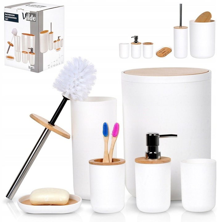 Zestaw ŁAZIENKOWY kubek szczotka WC kosz na śmieci dozownik mydła podstawka