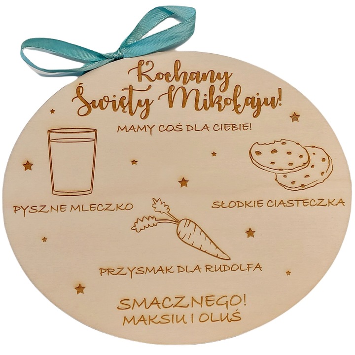 DREWNIANY TALERZYK TACKA NA MLEKO I CIASTKA DLA MIKOŁAJA RUDOLFA+TWOJE IMIĘ