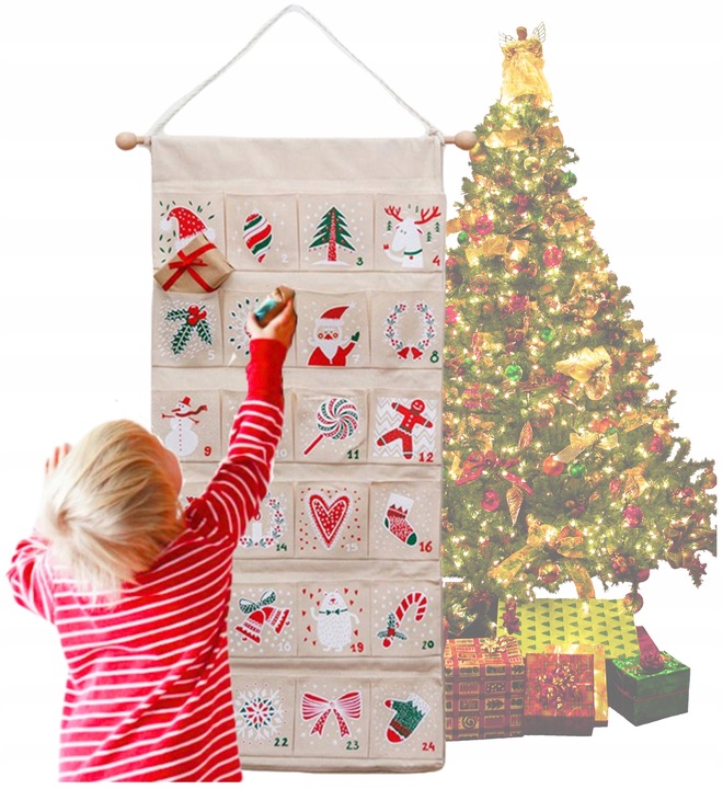 KALENDARZ ADWENTOWY MATERIAŁOWY PŁÓTNO DO ZAWIESZENIA WIELORAZOWY + ZADANIA