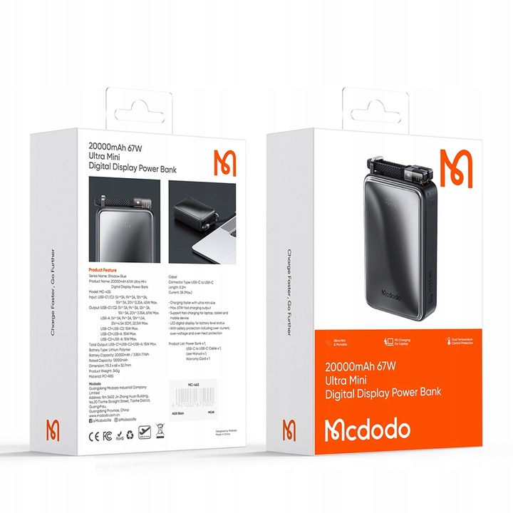 MCDODO POWERBANK 20000MAH Z WYŚWIETLACZEM 3X USB USB-C 67W + KABEL USB-C PD