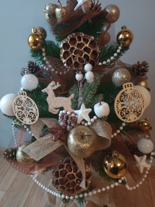 Choinka NA PNIU ubrana Z DEKORACJĄ ozdobami ubrana 100 cm z lampkami LED