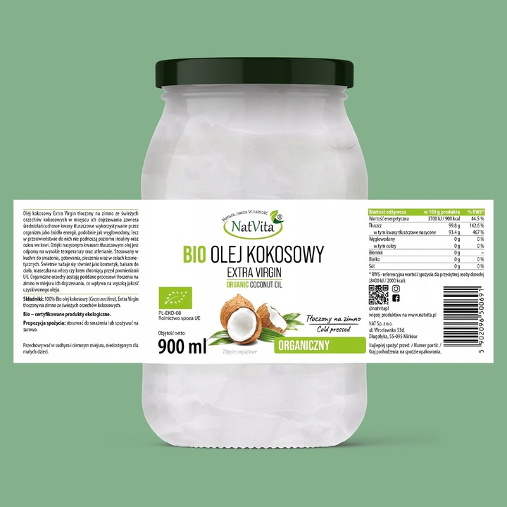 Olej Kokosowy BIO Extra Virgin 900ml Nierafinowany Ekologiczny NatVita