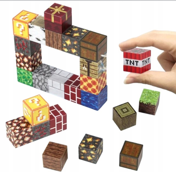 KLOCKI MAGNETYCZNE 100 KLOCKÓW KONSTRUKCYJNE SZEŚCIANY PIKSELE + 1 LUDZIK