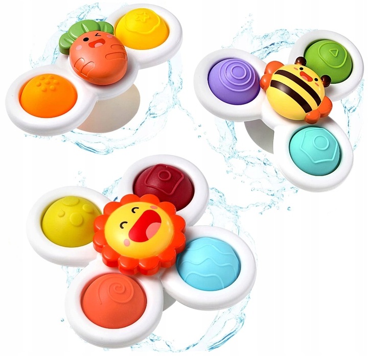 3x FIDGET SPINNER Z PRZYSSAWKĄ SENSORYCZNĄ KĄPIEL PREZENT GRZECHOTKA ZESTAW