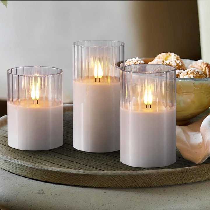 3 ŚWIECE ŚWIECZKI OZDOBNE LED SZKŁO DEKORACYJNE ŚWIĄTECZNE + PILOT