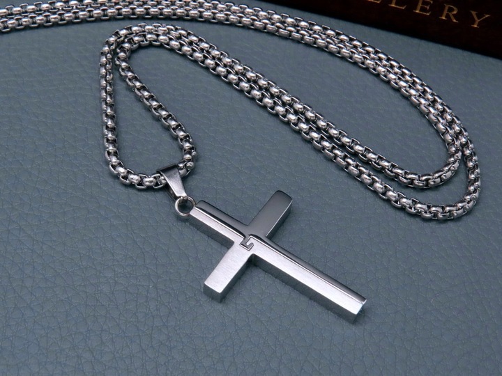 SREBRNY ŁAŃCUSZEK Z KRZYŻYKIEM STAL CHIRURGICZNA 316L SPLOT KRÓLEWSKI 60CM