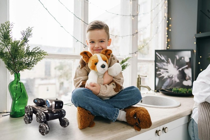 Zdalnie Sterowany Pies Robot 8 Kół Gesty Muzyka Para Wodna Obrót 360 LED