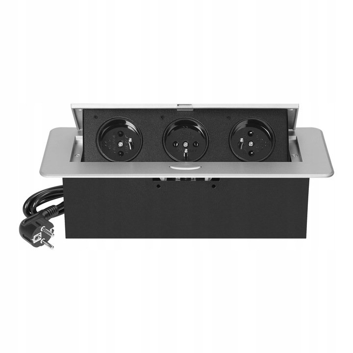 gniazdo wpuszczane chowane w blat potrójne stalowe Srebrne gniazdo meblowe