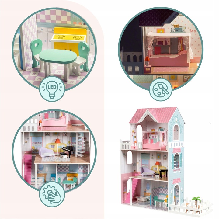 Duży Domek Dla Lalek XXL Drewniany Mebelki Do Zestawu Oświetlenie LED