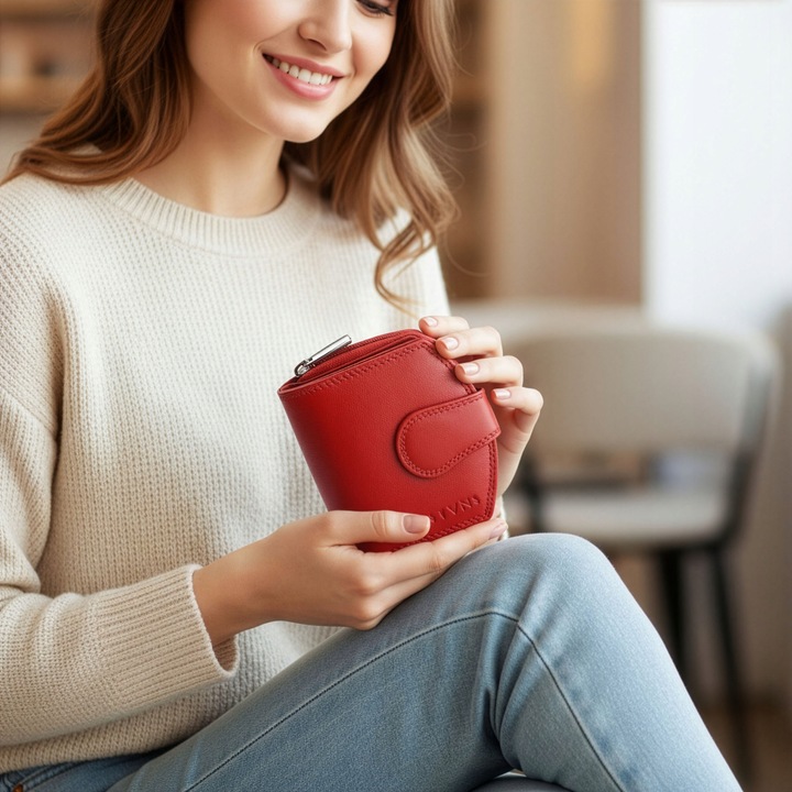 Portfel Damski Skórzany STEVENS Mały Czerwony Zapinany Portmonetka RFID