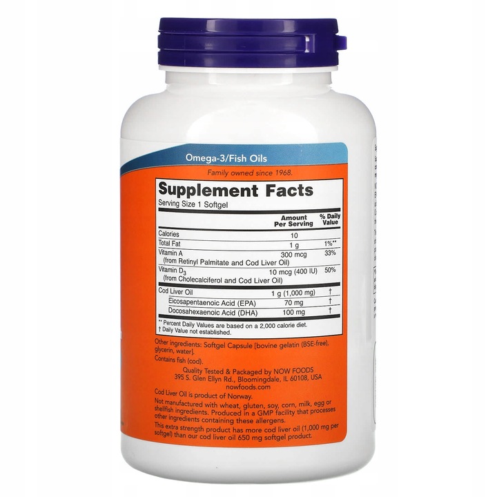 NOW Foods TRAN z WĄTROBY DORSZA 1000mg OMEGA-3 EPA DHA Wit A D-3 180softgel