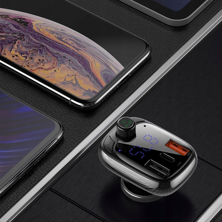 BASEUS ładowarka samochodowa 2xUSB A+TypC+transmitter FM BT PD QC4.0 5A 36W