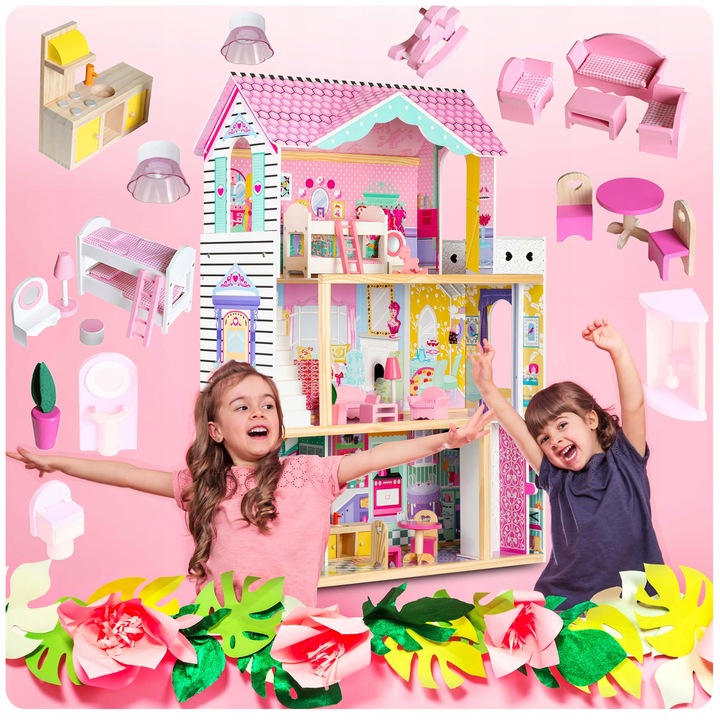 XXL DUŻY DREWNIANY RÓŻOWY DOMEK DLA LALEK MEBLE WINDA AKCESORIA LED