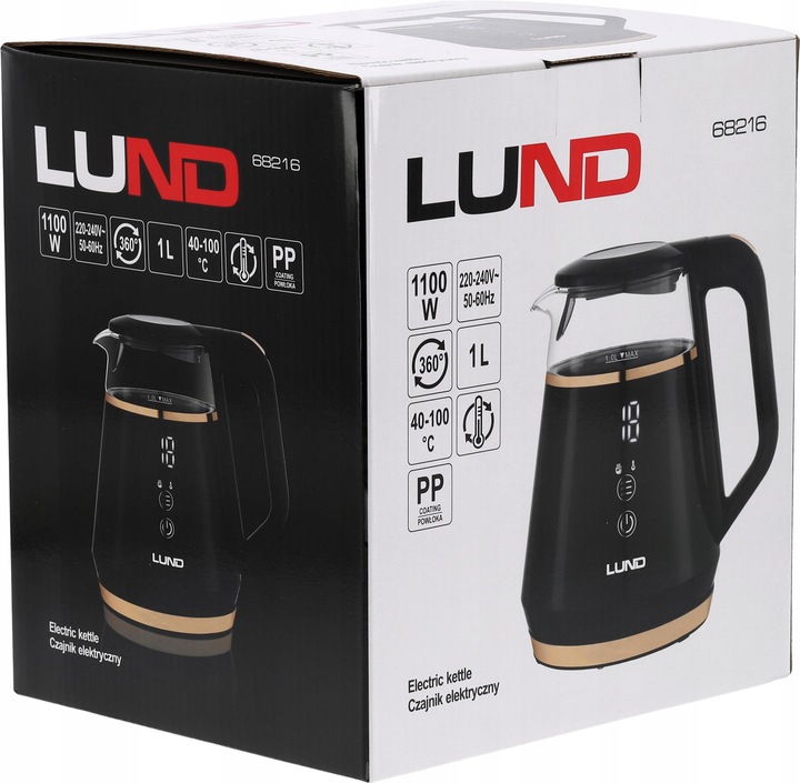 CZAJNIK ELEKTRYCZNY LUND 1100W 1L CZARNY Z REGULACJĄ TEMPERATURY 40-100°C