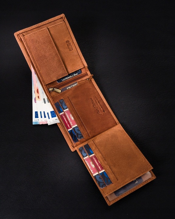 Portfel skórzany męski RFID pojemny na prezent brązowy nubukowy Peterson