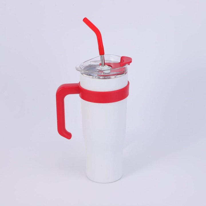 Kubek termiczny ze słomką i pokrywką – 1200 ml, stal nierdzewna