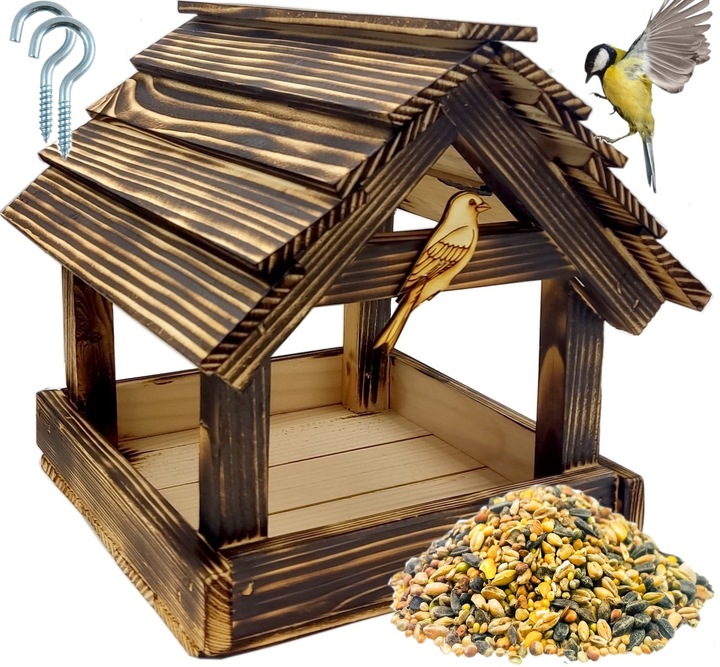 Karmnik Dla Ptaków Duży XXL Opalany Mocny Solidny Budka + Haki + Karma
