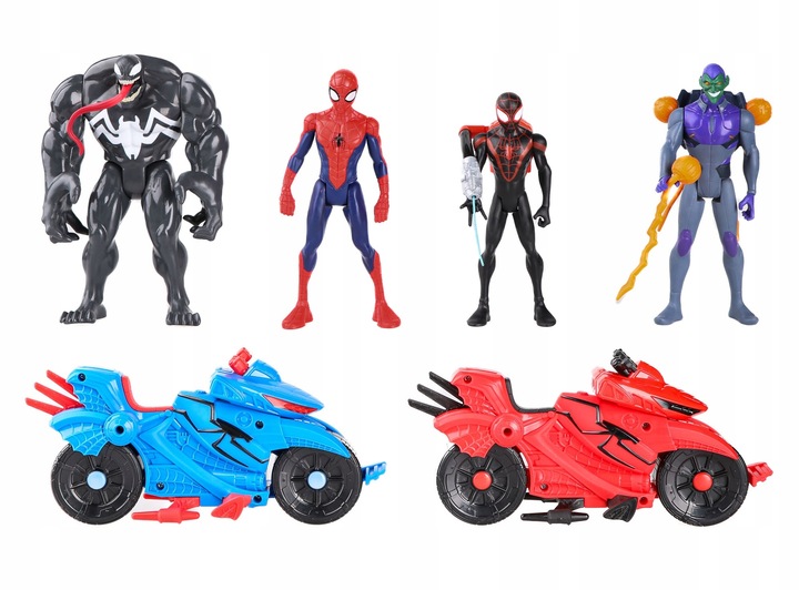 ZESTAW 4 FIGUREK SPIDERMAN VENOM GOBLIN MILES MORALES +2 POJAZDY +AKCESORIA
