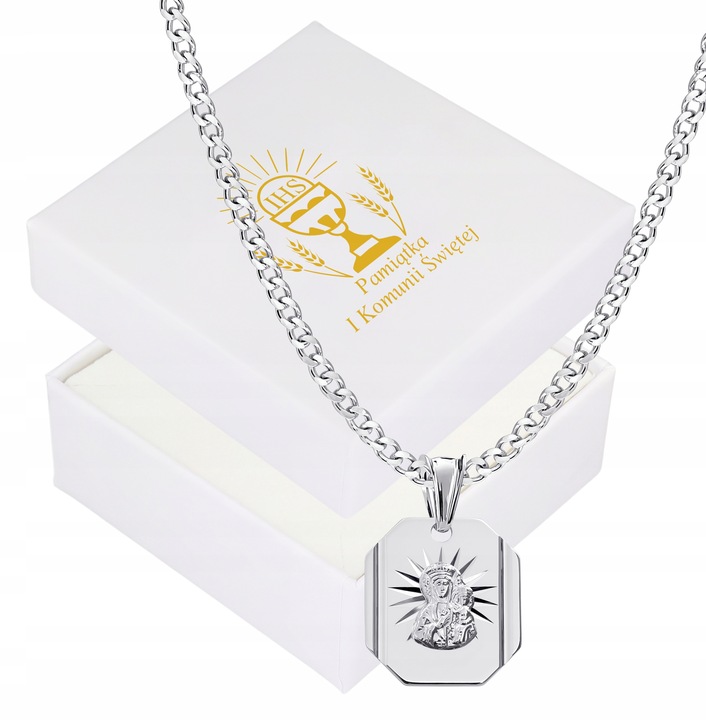 Medalik Komunijny Łańcuszek Srebrny Matka Boska do Komunii Chrztu Srebro