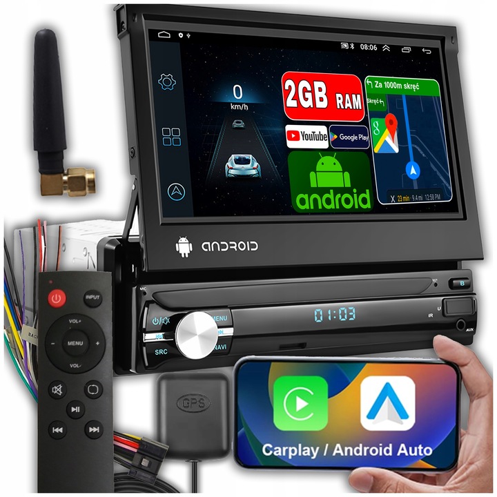 RADIO SAMOCHODOWE 1 DIN ANDROID 13 GPS USB WIFI DAB+ WYSUWANY AUX CARPLAY