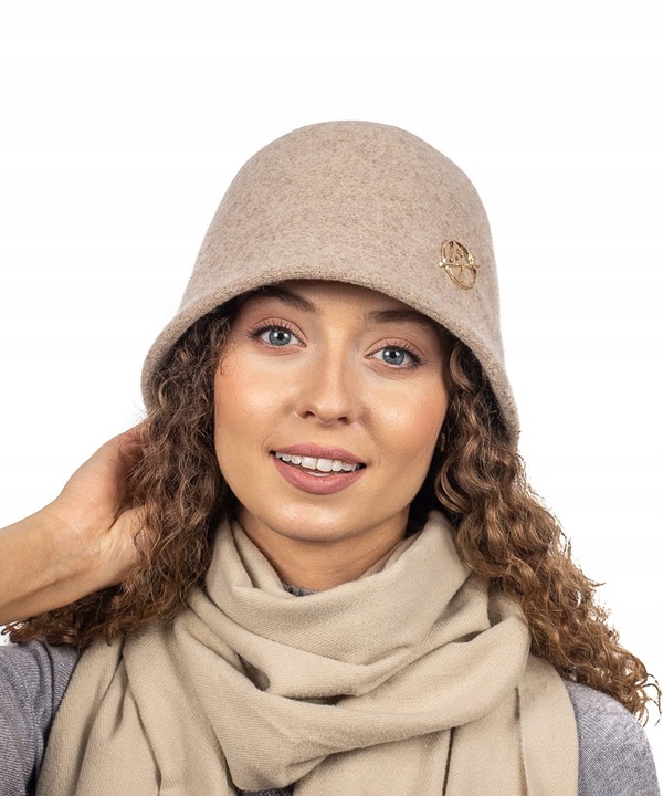 Jasnobeżowy Kapelusz Bucket Czapka Damski Wełniany Elegancki Gładki