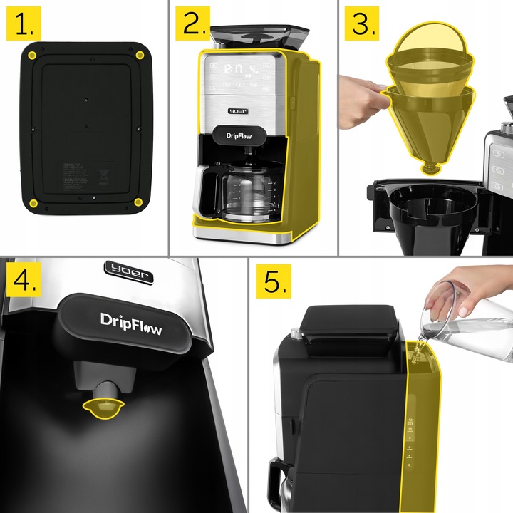 Ekspres przelewowy do kawy z Młynkiem żarnowym Yoer 1520W 1,5L +Programator