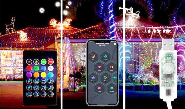 TAŚMA 200 LED INTELIGENTNE LAMPKI APLIKACJA BLUETOOTH PILOT STEROWANIE 20M