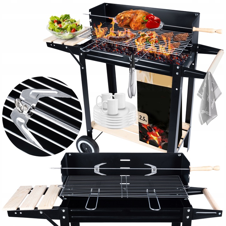 GRILL ogrodowy Węglowy na kołach DUŻY Rożen PÓŁKI Gril Regulacja Rusztu