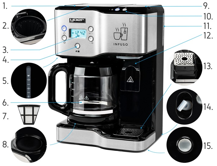 Ekspres przelewowy kawy 2w1 Yoer 1900W +Dystrybutor wody na herbatę +Timer