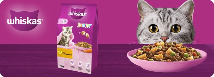 SUCHA KARMA WHISKAS JUNIOR Z PYSZNYM KURCZAKIEM 14KG