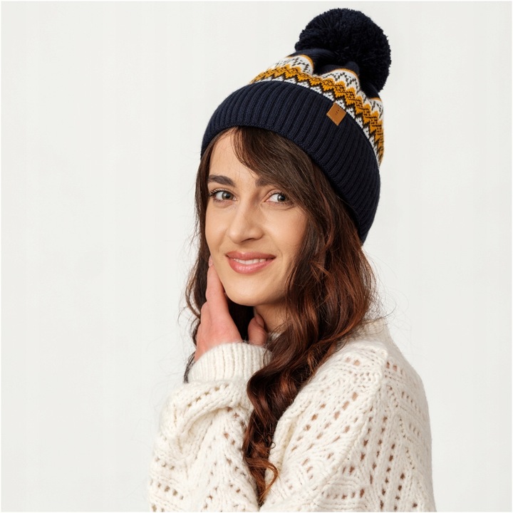 NANDY Czapka Męska z Pomponem Ocieplana Polarem Ciepła Wzór Zimowa Norweska