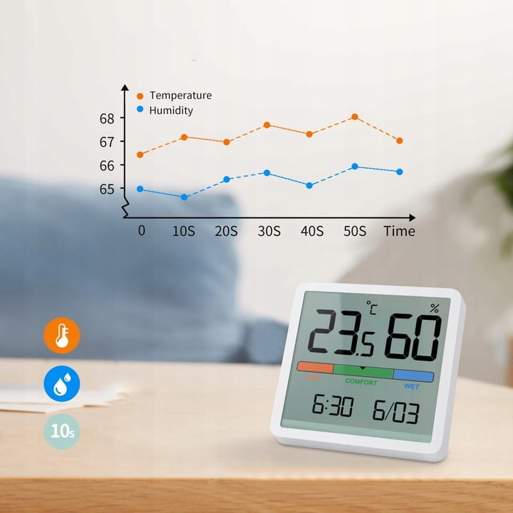 STACJA POGODY TERMOMETR HIGROMETR ZEGAR KALENDARZ MONITOR TEMPERATURY
