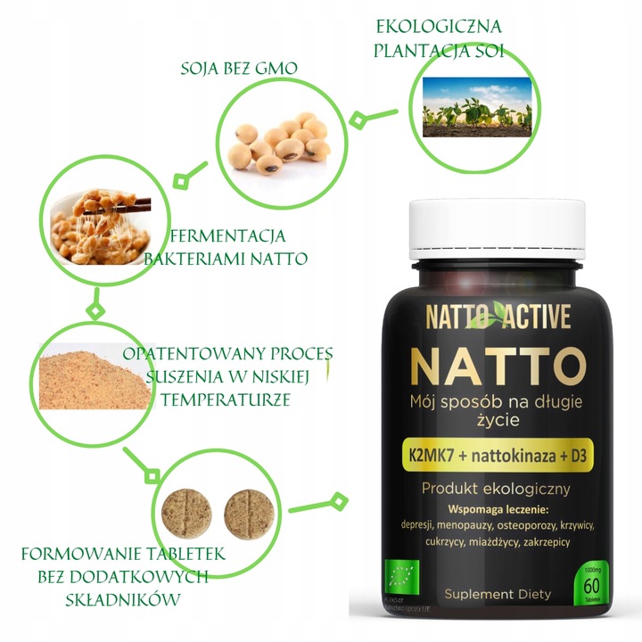 Natto Active witaminy D3 2000 IU K2 MK-7 Nattokinaza 60 eko tabletek