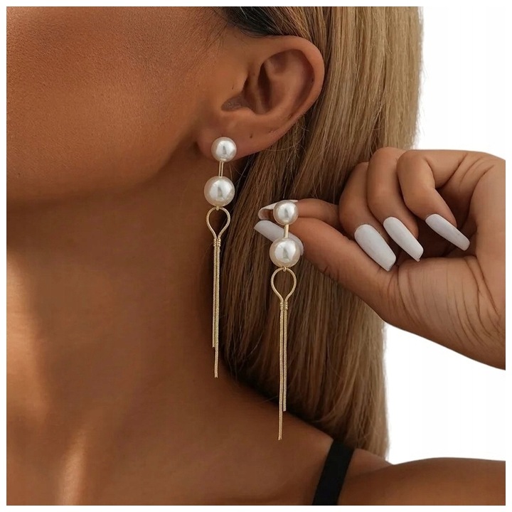 Kolczyki Sztyfty Kolor: Złote Perły Perełki Eleganckie Wiszące Retro 90mm