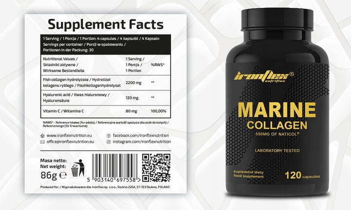 IRONFLEX KOLAGEN MORSKI RYBI 120kaps COLLAGEN MARINE KWAS HIALURONOWY WIT C